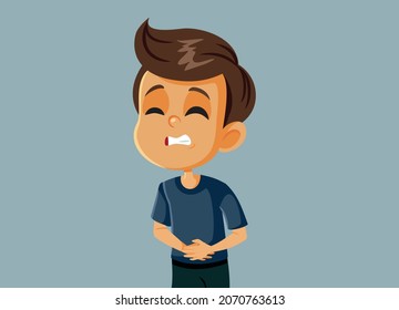 Little Boy Having Terrible Stomachache Pain Vector Cartoon. Child Suffering Bellyache From Constipation Or Indigestion Health Problem 
