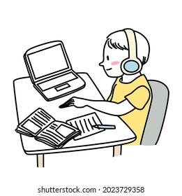 Little boy with headphones learning online. Cute little boy with headphones sitting at desk and learning online. Happy little schoolboy wearing headphones and using computer studying online.