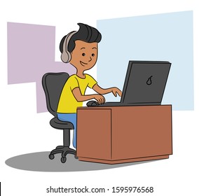 Little boy in headphones playing games on computer sitting at table in home room. Child enjoying online learning and gaming technology. Gadget addiction. Vector flat cartoon illustration