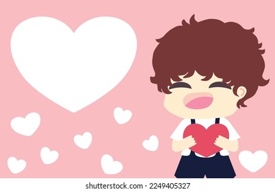 little boy with heart on pink background for Valentine's day decoration 