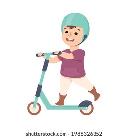 Little Boy in Helmet Riding on Kick Scooter Pushing Off the Ground Vector Illustration