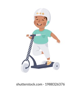 Little Boy in Helmet Riding on Kick Scooter Pushing Off the Ground Vector Illustration