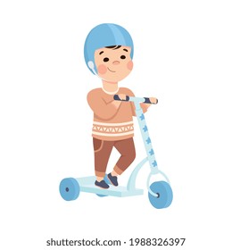 Little Boy in Helmet Riding on Kick Scooter Pushing Off the Ground Vector Illustration