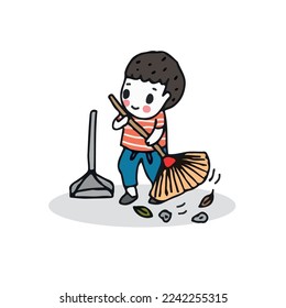 Little boy help their parents to sweep home, hand drawn vector illustration