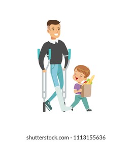 Little boy helping disabled man carry shopping bag, kids good manners concept vector Illustration on a white background