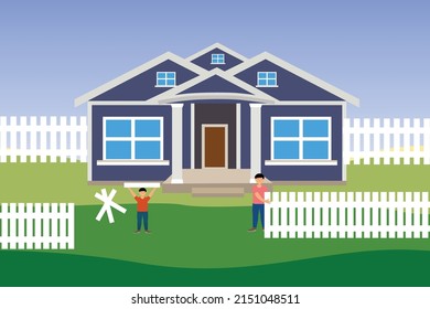 Little boy helping his father to build a fence for their house. Modern house vector with two men flat character. Building a fence and house with a little boy flat illustration vector.