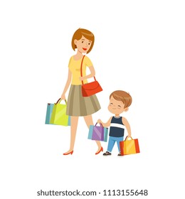 Little Boy Helping His Mother Carry Shopping Bags, Kids Good Manners Concept Vector Illustration On A White Background