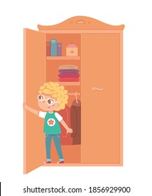 Little boy hiding in wardrobe with clothes in room. Playing hide and seek with friends at home vector illustration. Kid closing door, fun childhood game and cheerful pastime.