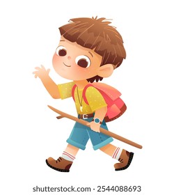 Little boy hiking holding wooden pole and backpack. Happy schoolboy explorer on backpacking adventure. Children character design for school and preschool kids. Vector illustration isolated clip art.