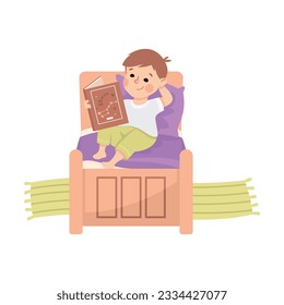 Little Boy in His Bed Reading Book Before Night Rest Vector Illustration