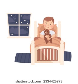 Little Boy in His Bed Under Blanket with Teddy Bear Having Night Rest Vector Illustration