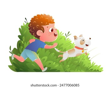 Pequeño niño y su mejor amigo perrito pequeño perro corriendo jugando a buscar un palo. Personaje infantil con Russel Terrier juego de perro en la naturaleza, ilustración infantil. Vector Clipart de dibujos animados para niños.