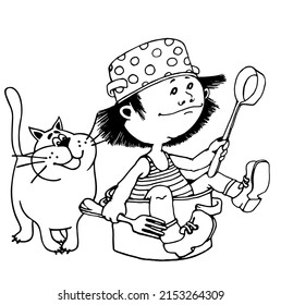 Little boy with his cat is helping in the kitchen. Hand drawn illustration. Funny cartoon character. Hand drawn sketch. Cute cartoon boy. Coloring book.