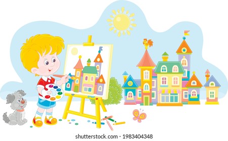 Little boy with his cheerful pup drawing in watercolors and color pencils a pretty small town on a sunny summer day, vector cartoon illustration isolated on a white background