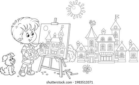 Little boy with his cheerful pup drawing in watercolors and pencils a pretty small town on a sunny summer day, black and white outline vector cartoon illustration for a coloring book page