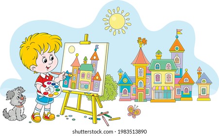 Little boy with his cheerful pup drawing in watercolors and color pencils a pretty small town on a sunny summer day, vector cartoon illustration isolated on a white background
