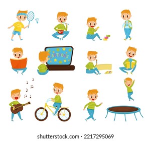 Little Boy in His Childhood Engaged in Different Recreation Activity Vector Set