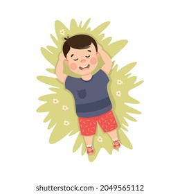 Little Boy in His Childhood Lying on Green Lawn Daydreaming Vector Illustration