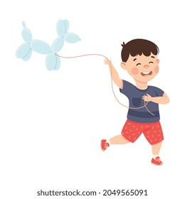 Little Boy in His Childhood Playing with Balloon Dog Figure Vector Illustration