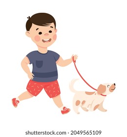 Little Boy in His Childhood Walking the Dog by the Leash Vector Illustration