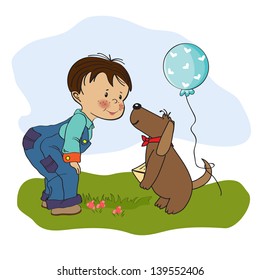 little boy and his dog, birthday card in vector format