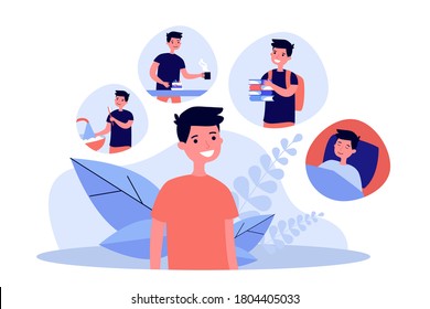 Little boy and his everyday routine. Study, breakfast, bedtime flat vector illustration. Organization and schedule concept for banner, website design or landing web page