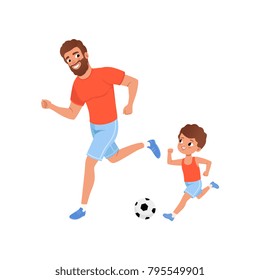 Little boy and his father playing football on playground. Outdoor activity. Fatherhood concept. Sporty family. Son and dad in sportswear. Cartoon flat vector design