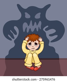 Little Boy And His Fear. Vector Cartoon Illustration.