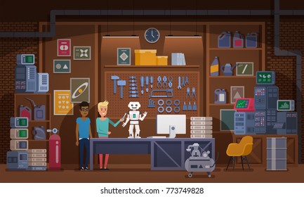 Little boy and his friend working together on robot in garage workshop Artificial Intelligence Technology Concept Vector illustration