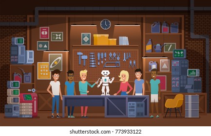 Little boy and his friends working together on robot in garage workshop Multicultural team Artificial Intelligence Technology Concept Vector illustration
