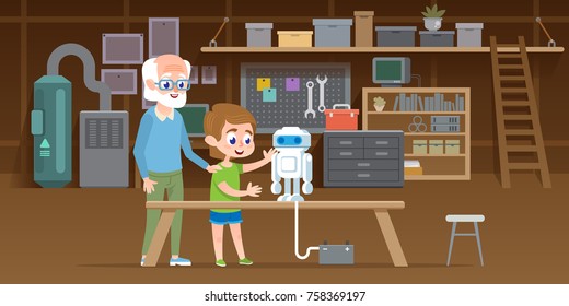 Little boy with his grandfather create new lego robot at garage workshop. Family together engineering smart technology toy. Vector illustration