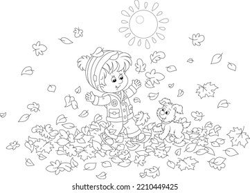 Little boy and his merry pup jumping and playing with fallen leaves in an autumn park on a beautiful sunny day, black and white outline vector cartoon illustration for a coloring book page