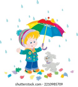 Little boy and his merry pup hiding from the rain under a colorful umbrella while walking through fallen leaves on a rainy autumn day, vector cartoon illustration isolated on a white background