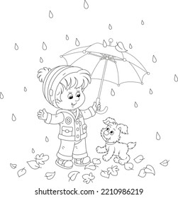 Little boy and his merry pup hiding from the rain under a striped umbrella while walking through fallen leaves on a rainy autumn day, black and white outline vector cartoon illustration