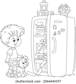 Little boy and his merry puppy looking curiously into a home fridge with foods and going to filch something tasty, black and white outline vector cartoon illustration for a coloring book page