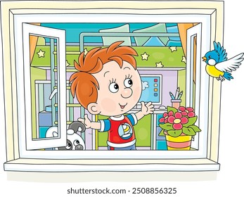 Little boy with his puppy doing gymnastic exercises by an open window in his nursery room and looking at a funny small bird flying around, vector cartoon illustration on a white background