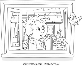 Little boy with his puppy doing gymnastic exercises by an open window in his nursery room and looking at a funny small bird flying around, black and white vector cartoon illustration
