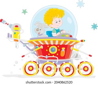Little boy with his small pup piloting a toy lunar rover in an expedition somewhere beyond the planet Earth, vector cartoon illustration on a white background
