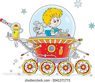 Little boy with his small pup piloting a toy lunar rover in an expedition somewhere beyond the planet Earth, vector cartoon illustration on a white background