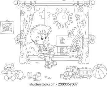 Little boy and his teddy bear   other funny toys in nursery room by window and curtains   sunny summer landscape in background  black   white outline vector cartoon