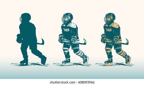 Little boy hockey player. Retro Engraving Linocut Style. Vector Illustration.