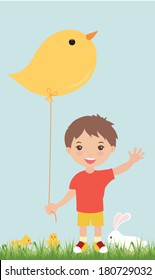 Little boy hold a chick shape balloon. Easter bunny. Vector illustration.