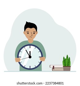 A little boy is holding a big clock in her hands. The concept of planning, organization of education, effective study. Vector flat illustration