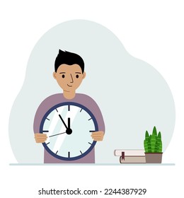 Un niño pequeño tiene un reloj grande en sus manos. El concepto de planificación, organización de la educación, estudio efectivo. Ilustración plana del vector