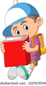 The little boy is holding the big red book with the hands of illustration