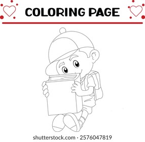 little boy is holding big red book with hands coloring page for kids