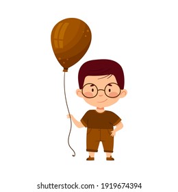 Little Boy Holding Brown Toy Balloon Vector Illustration