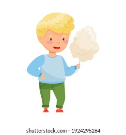 Little Boy Holding Cotton Candy or Spun Sugar Vector Illustration