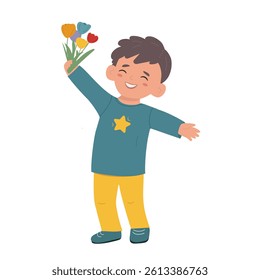 little boy holding cute flower 