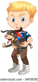 Little boy holding a dog illustration